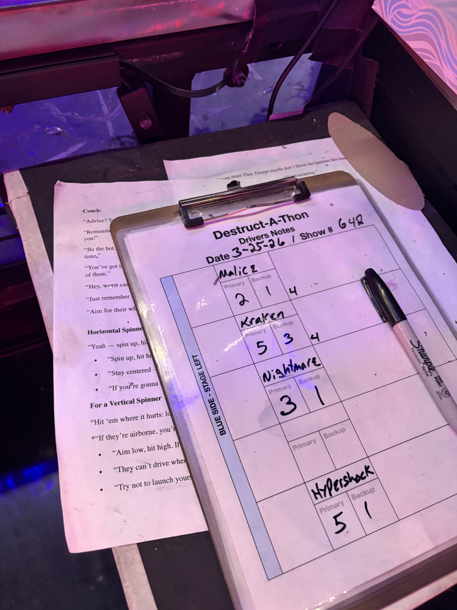 The BattleBots Destruct-a-thon drivers' run sheet for show #642, with a Primary and Backup unit number listed for every robot